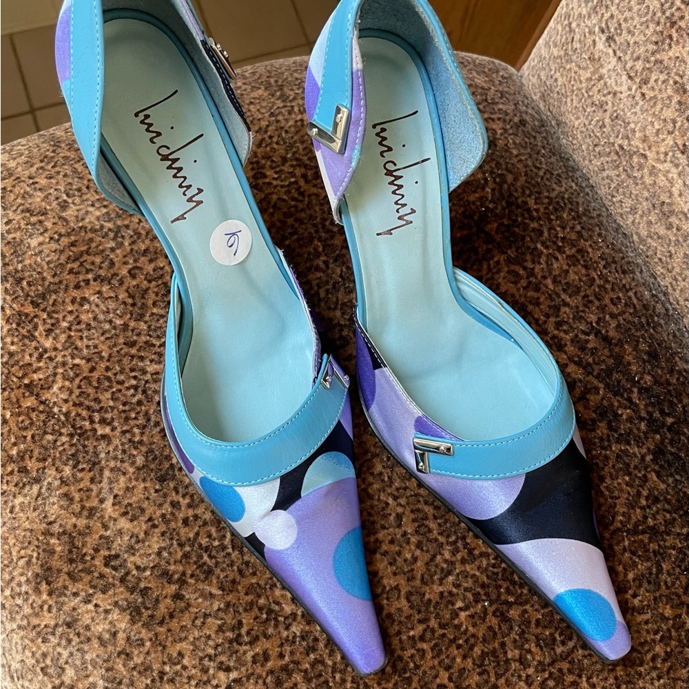 Luichiny - Printed Cloth and Blue Leather, pointed toed pumps - Picture 4 of 16
